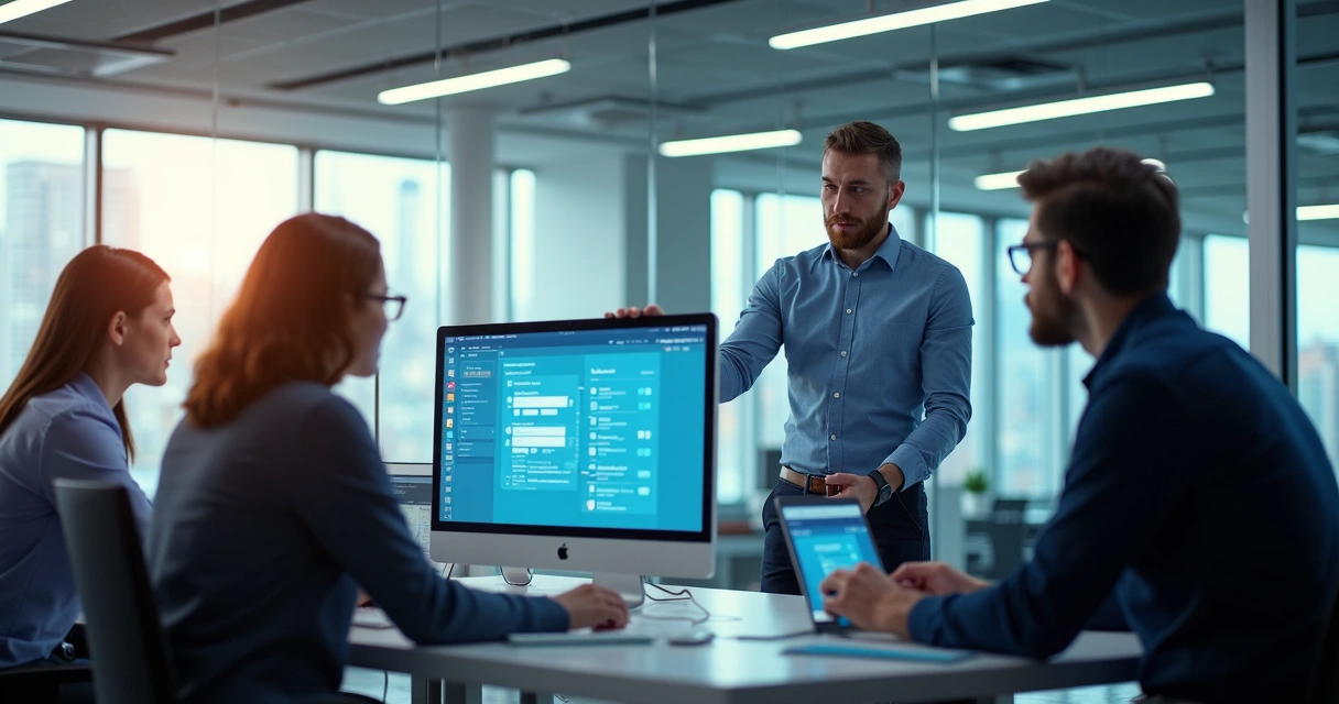 Recrutadores analisando ficha digital em tela de computador 