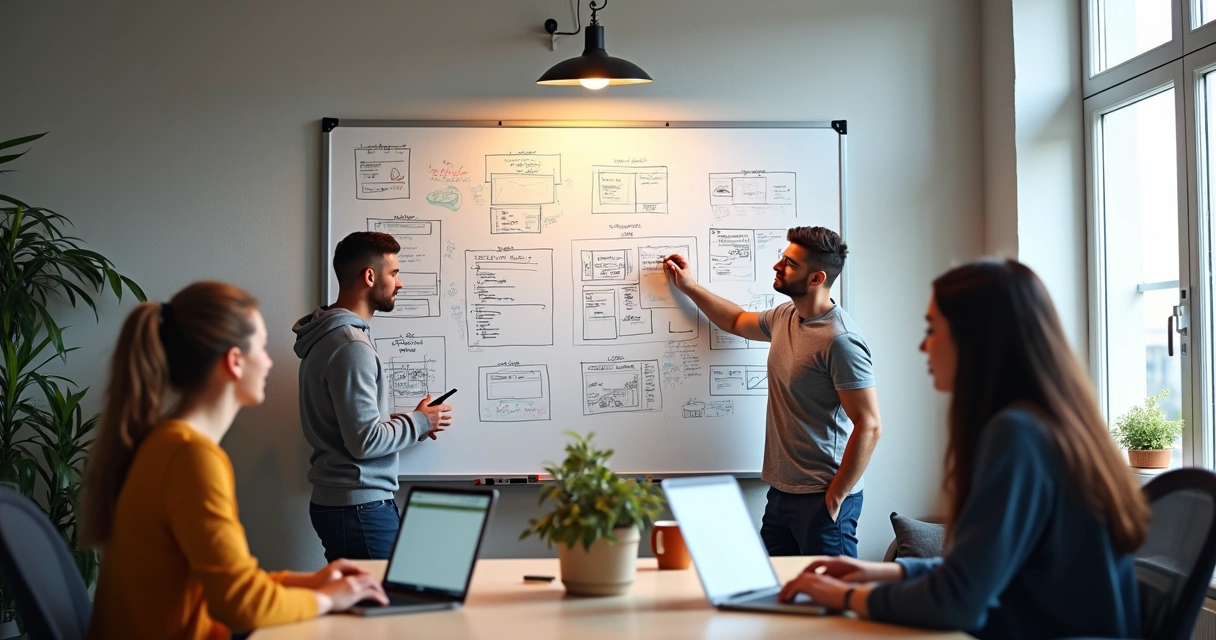 Equipe de design discutindo processo ágil em um quadro branco 
