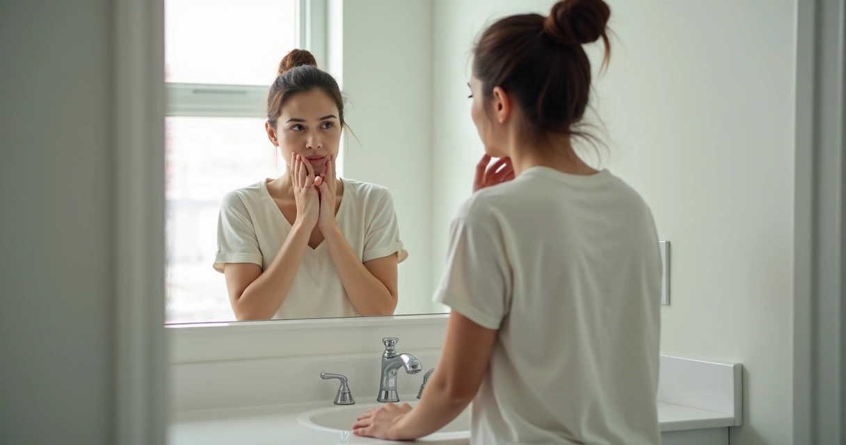 Pessoa refletindo diante do espelho de forma introspectiva