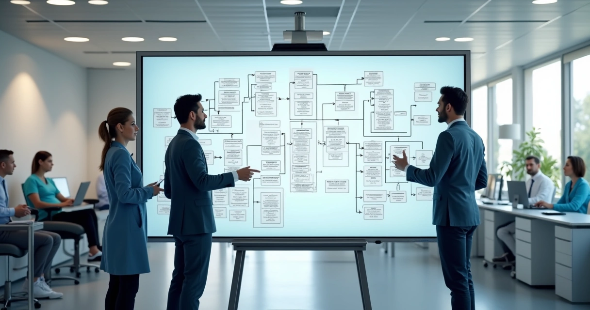 Equipe analisando fluxo de processos em clínica odontológica moderna. 
