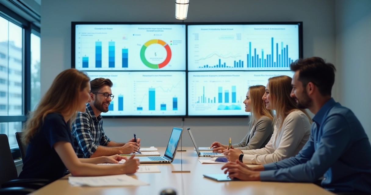 Fluxo de análise de crédito com equipe reunida, quadros e computadores.