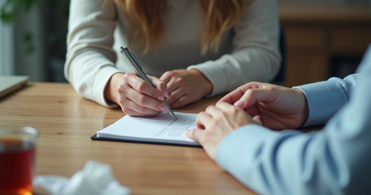 Profissional anotando detalhes durante conversa empática. 