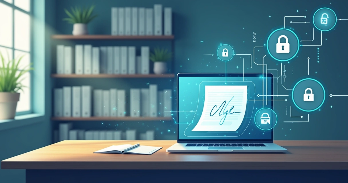 Ilustração do processo de assinatura digital em um ambiente de trabalho moderno, com laptop e documentos eletrônicos.