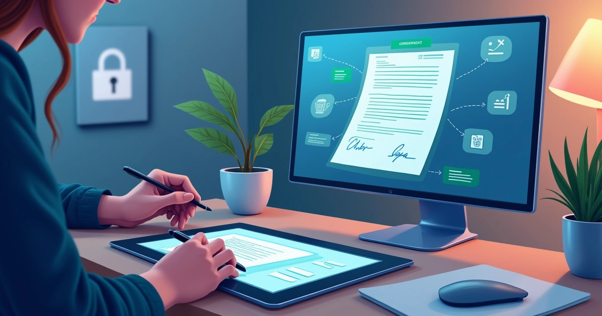 Ilustração do processo de assinatura digital em um escritório moderno, com um contrato digital na tela.