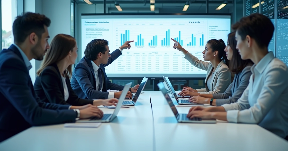 Equipe de compliance analisando cadastro empresarial com gráficos de dados 