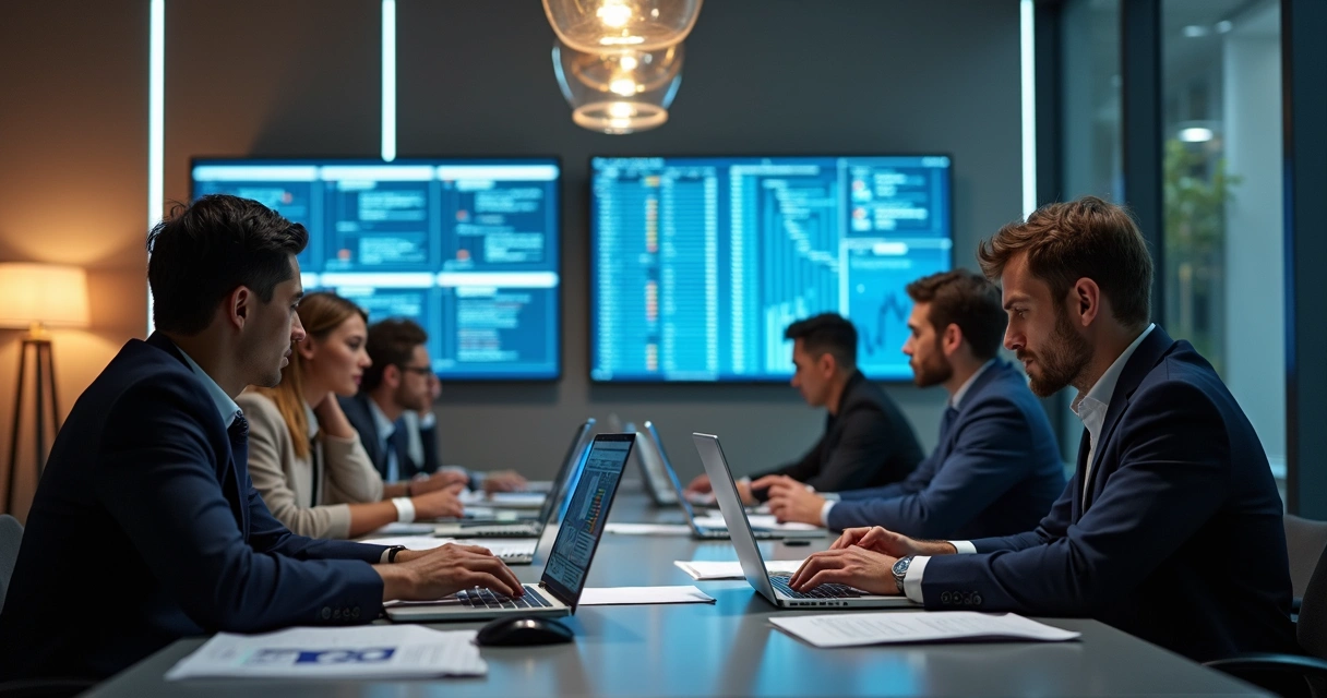 Atualização de Dados Cadastrais: Guia Prático para Empresas 2 Equipe reunida em torno de computadores analisando dados em uma empresa moderna