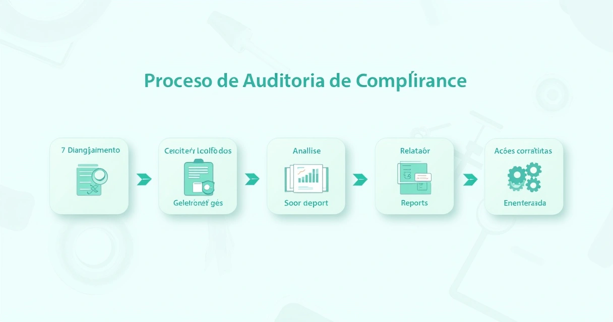 Diagrama do processo de auditoria de compliance com cinco etapas interconectadas e fundo delicado.