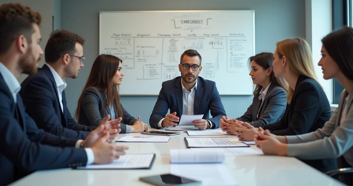 Equipe de RH reunida analisando folhas de ponto na empresa 