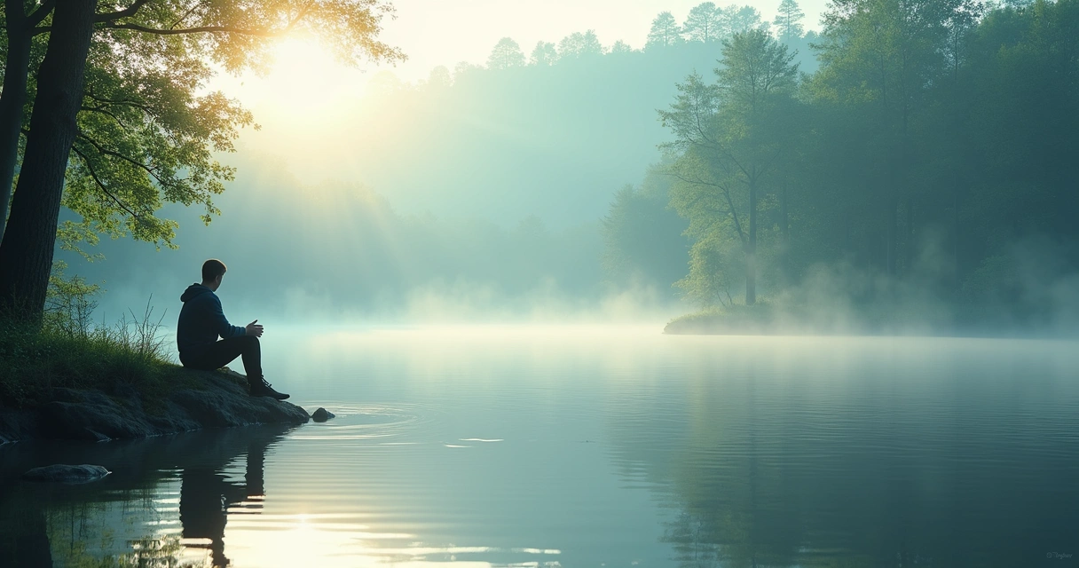 Pessoa em ambiente tranquilo, refletindo sozinha à beira de um lago 