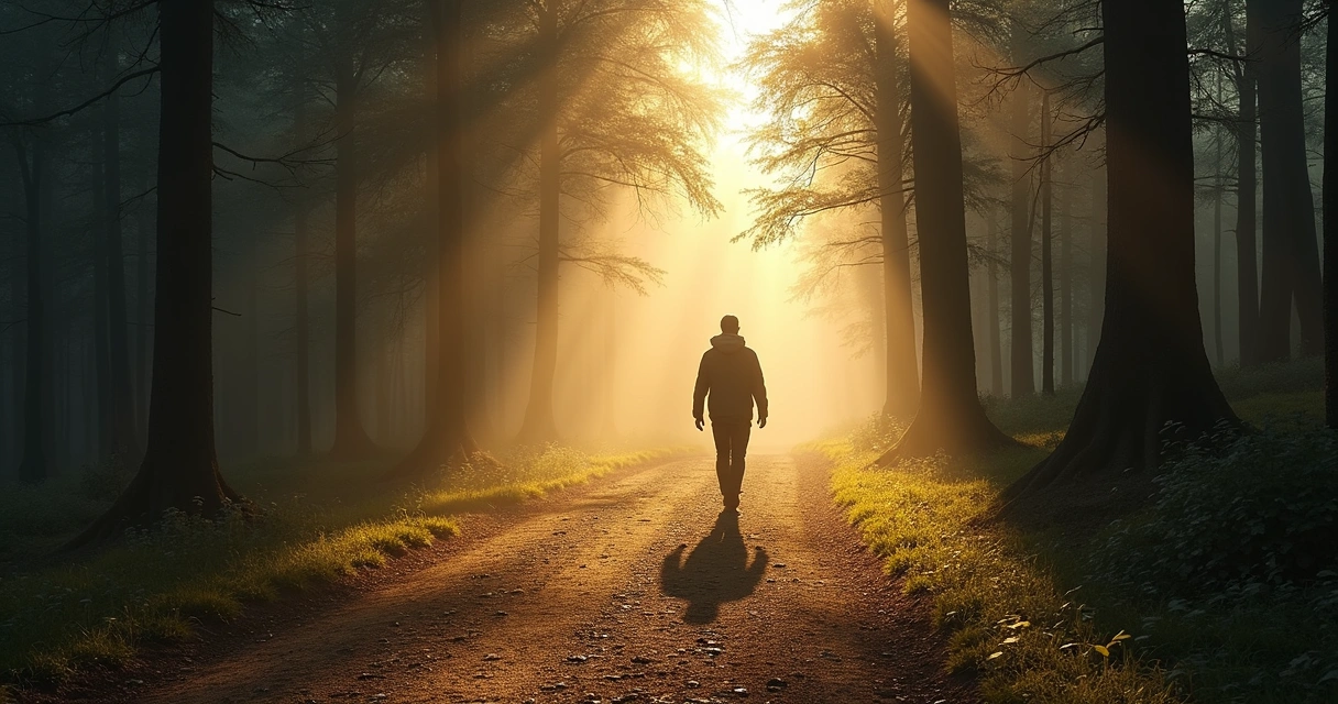 Pessoa caminhando sozinha em uma trilha com árvores, representando jornada de autoconhecimento.