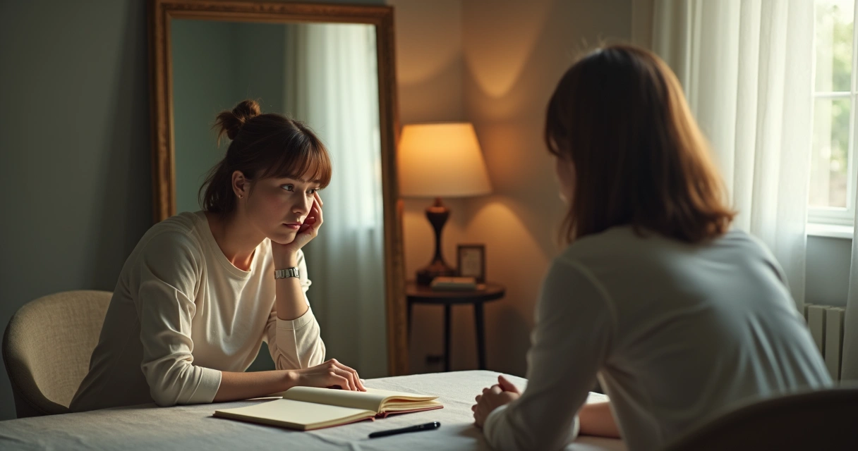 Pessoa refletindo em frente ao espelho, demonstrando processo de autoconhecimento. 