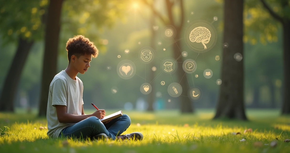 Pessoa escrevendo em caderno sentada ao ar livre 