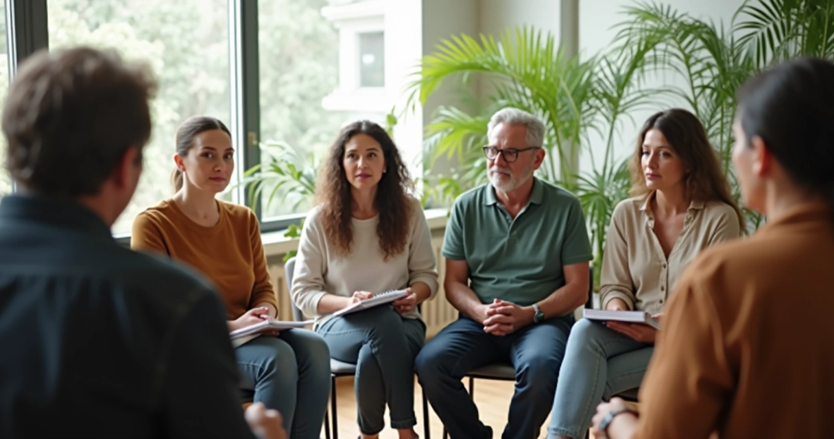 Grupo de pessoas sentadas em círculo em ambiente tranquilo 