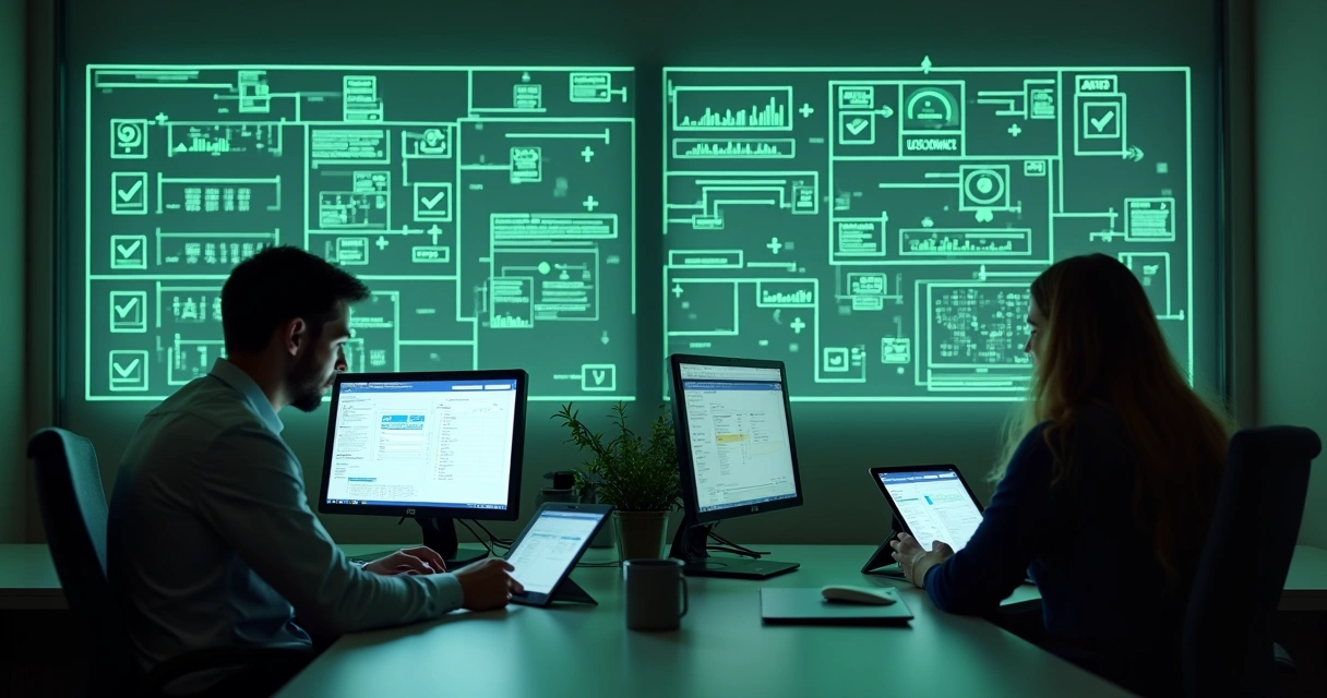 Equipe fiscal conferindo documentos digitais em ambiente moderno 