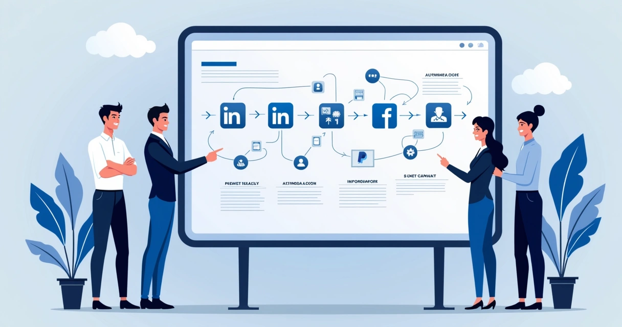 Fluxo de automação com ícones de LinkedIn e personalização