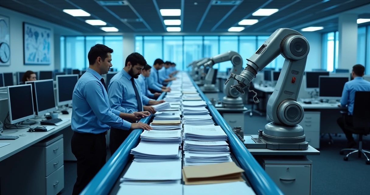 Fluxo mecânico com engrenagens e computadores ligados em sequência