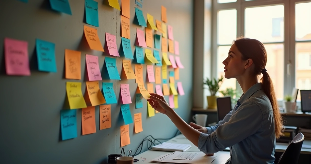 Funcionário diagramando processo com post-its na parede