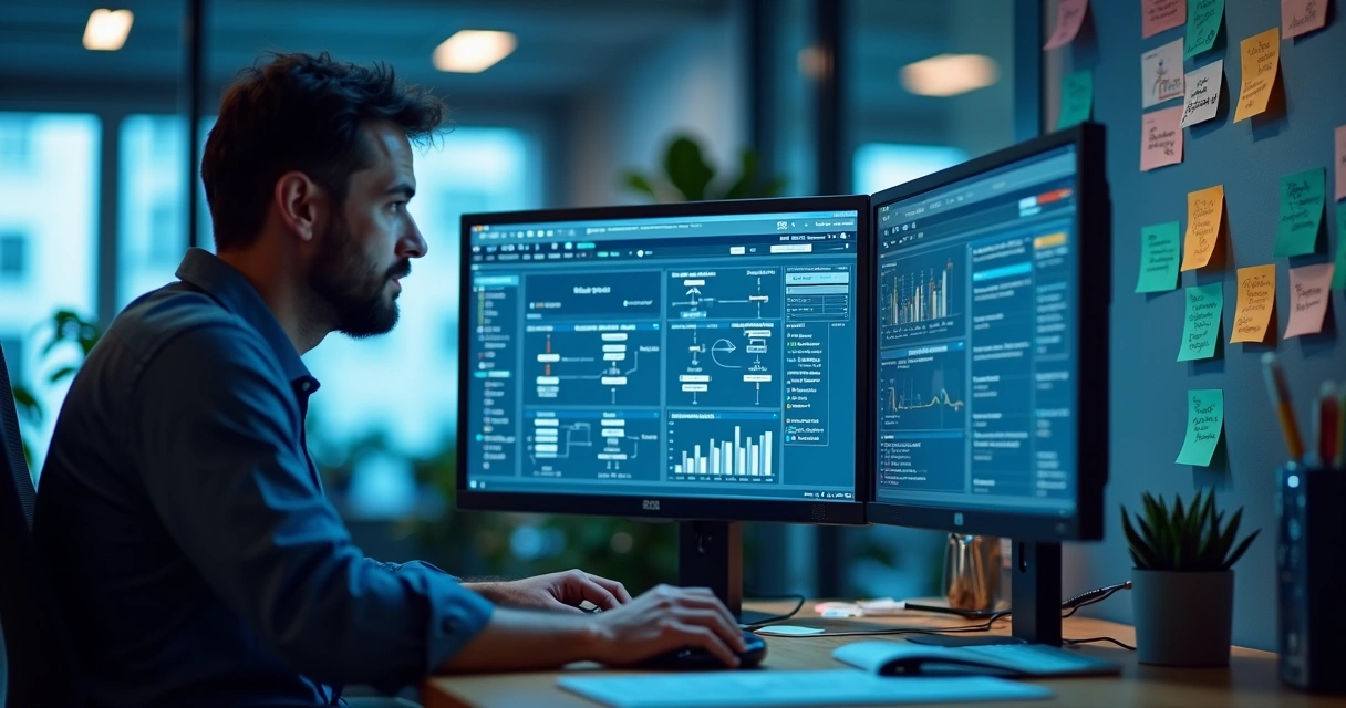 Equipe de TI avaliando fluxos de automação em computadores 