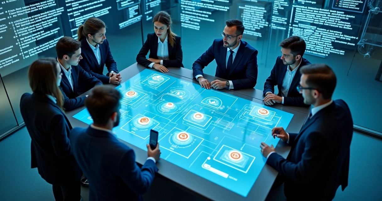 Equipe de TI analisando fluxos de automação em painéis digitais