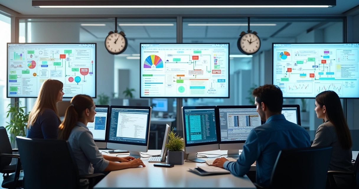 Equipe trabalhando em escritório moderno com telas mostrando fluxos automatizados