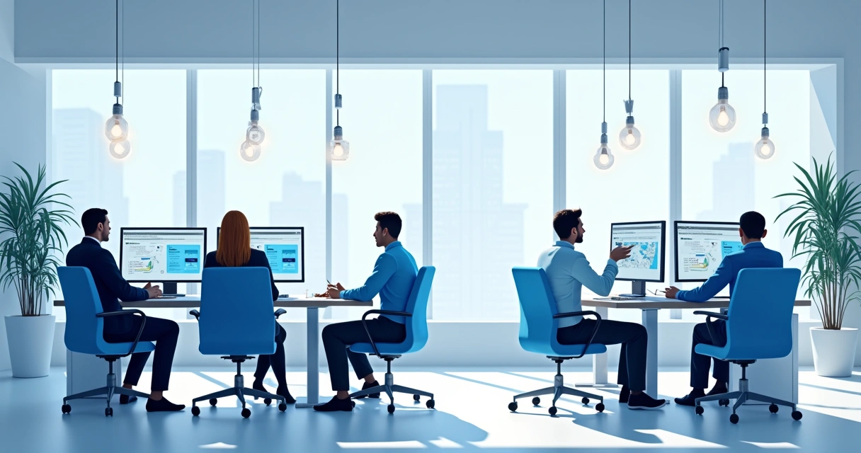 Processo de automação em escritório com computadores e equipe 