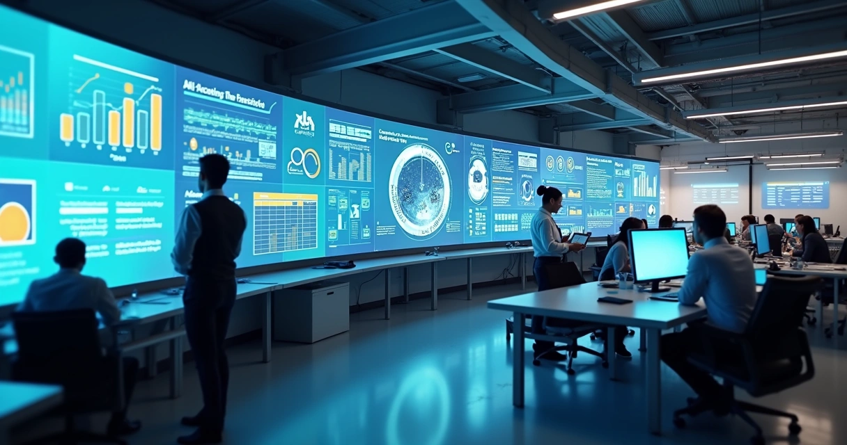 Processo automatizado em franquia com telas digitais e colaboradores usando IA