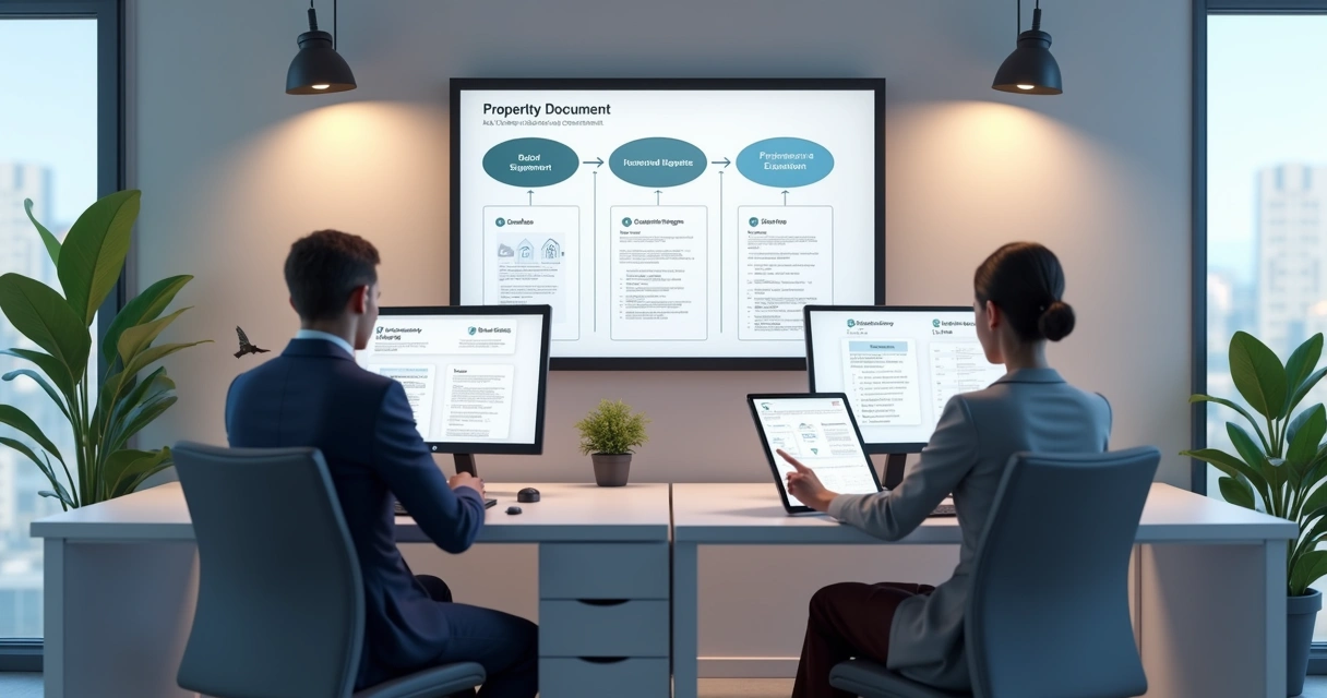 Fluxo automatizado de documentos em uma imobiliária, tela digital e pessoas interagindo