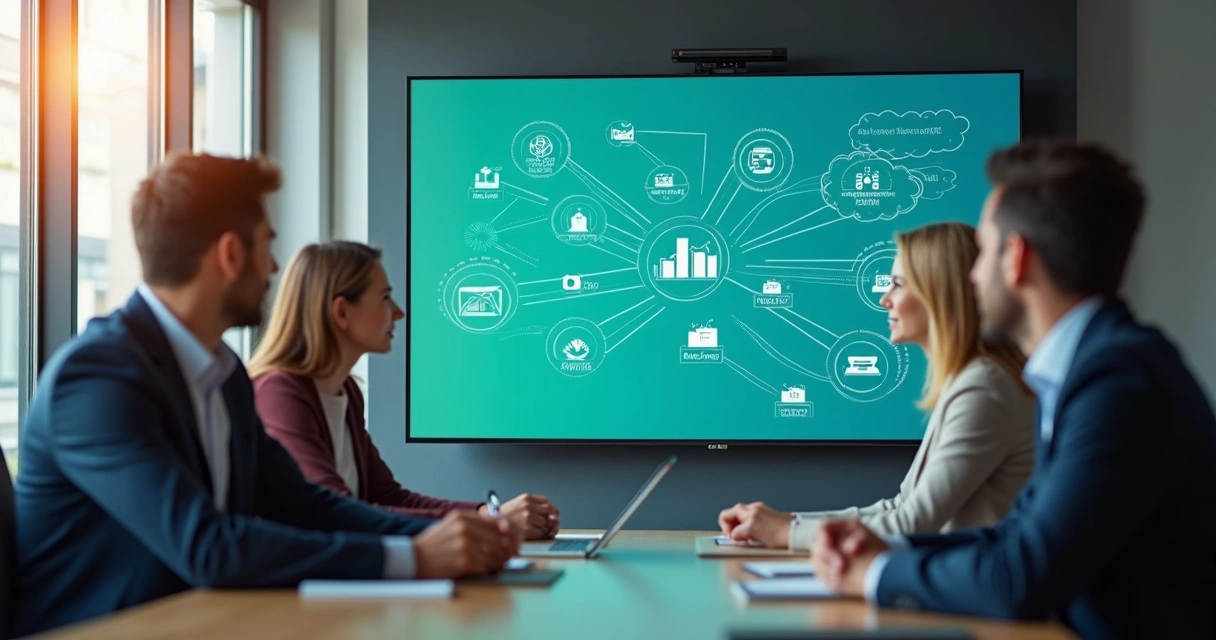 Equipe pequena operando sistema de automação com gráficos 