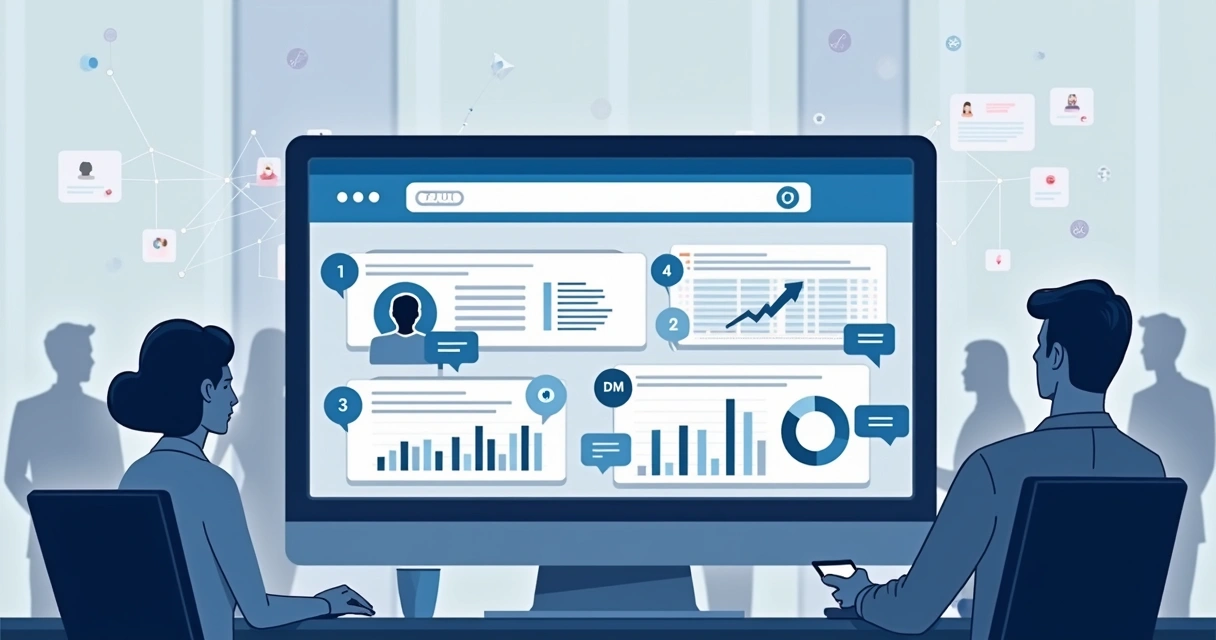 Fluxo automatizado de prospecção no LinkedIn com etapas visualizadas em um dashboard, mostrando análise de perfis, envio de mensagens e evolução do lead. 