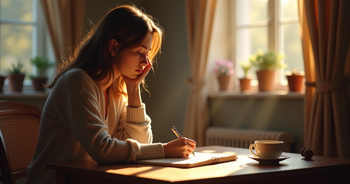 Pessoa sentada refletindo, com caderno aberto e ambiente acolhedor 