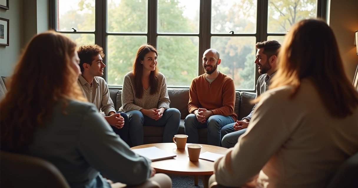 Grupo de pessoas em círculo, conversando em ambiente acolhedor e moderno 