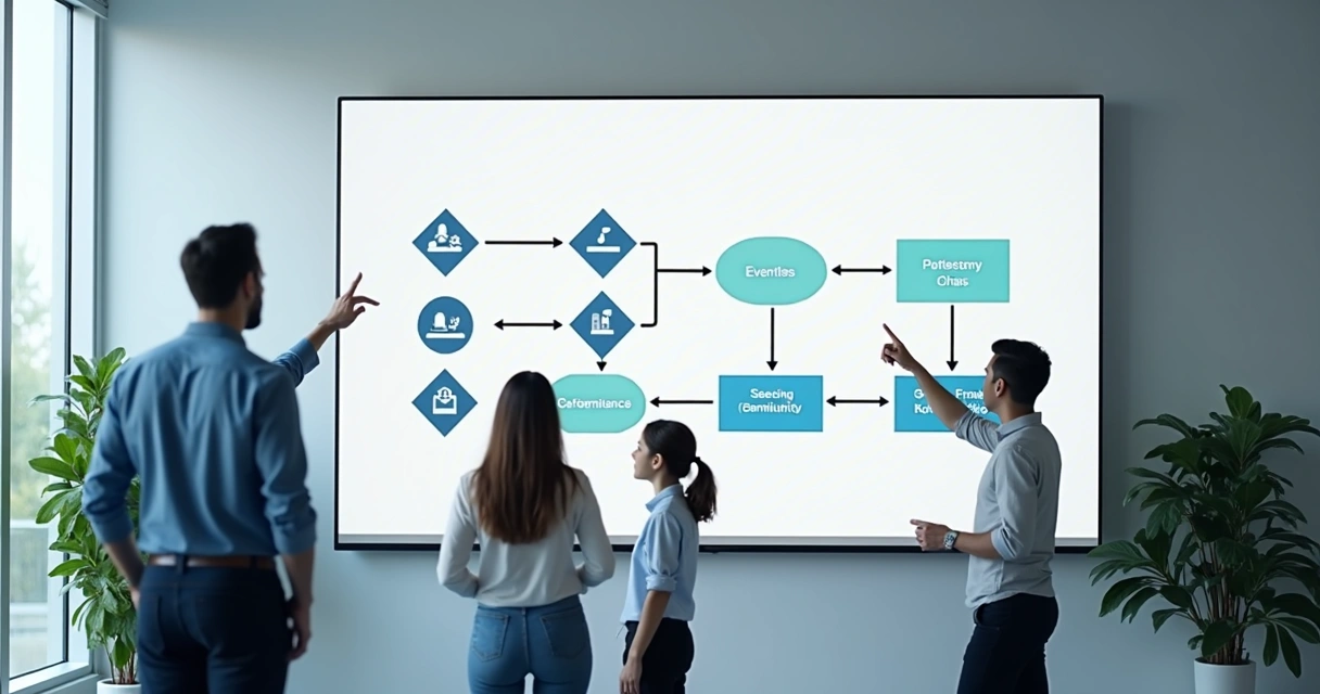Diagrama BPMN mostrando fluxo digital com setas e diferentes ícones