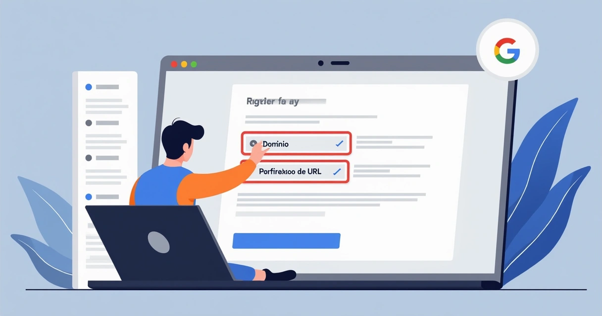 Tela de cadastro do Search Console com opções de domínio e prefixo de URL destacadas 