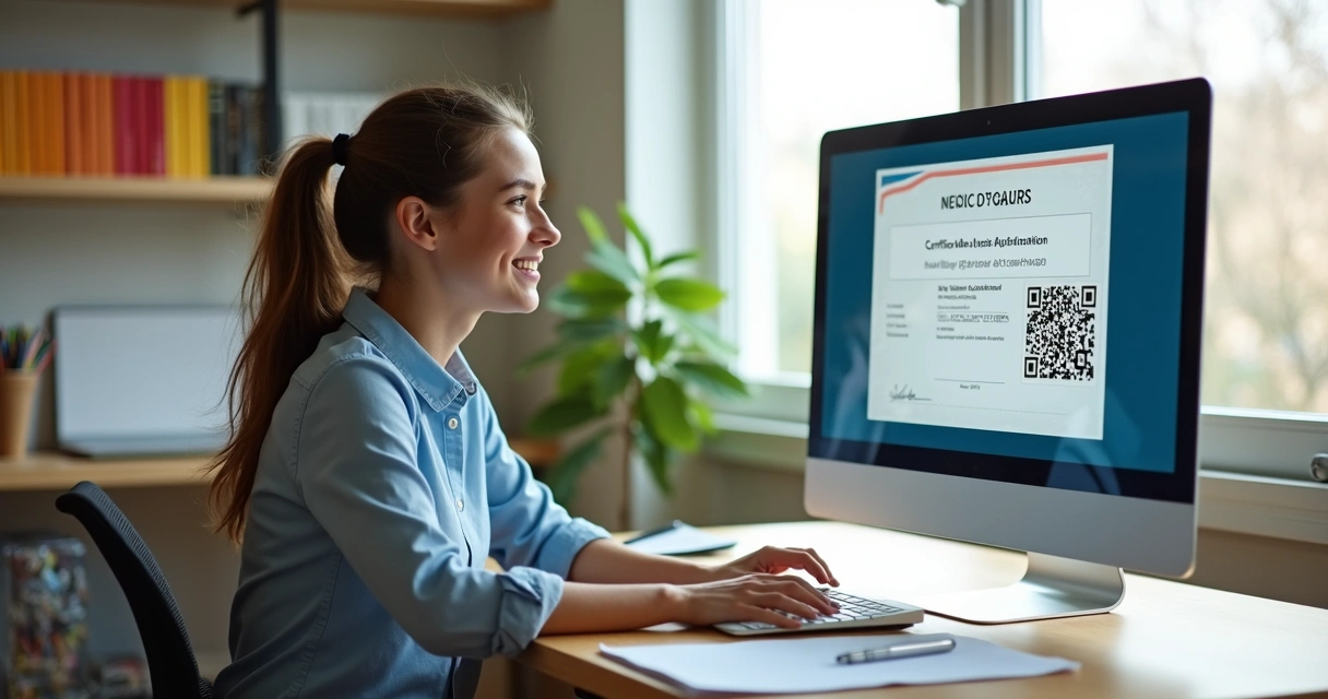 Aluno recebendo certificado digital de curso EAD no computador 