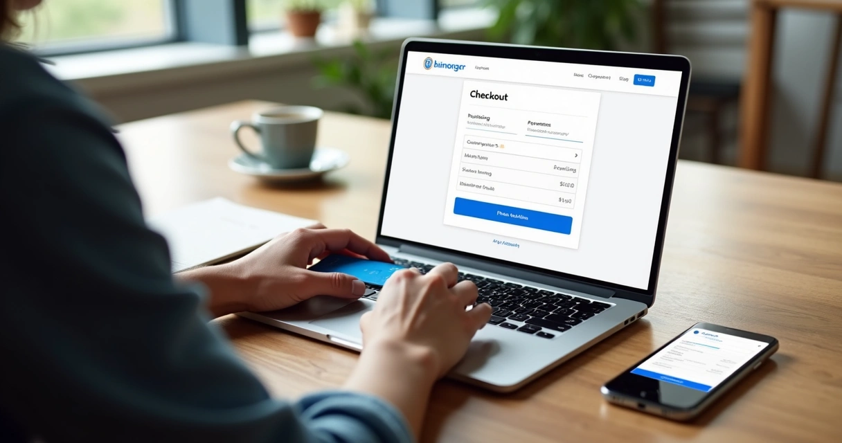 Pessoa finalizando compra em notebook com cartão e smartphone do lado 