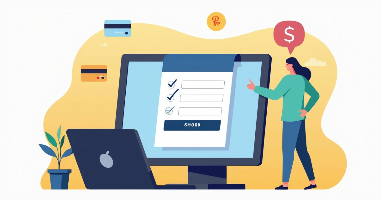 Ilustração de um processo de checkout digital, com formulário simples e comprador concluindo o pagamento. 