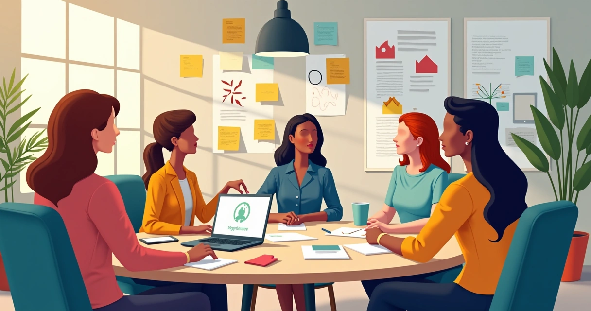 Equipe de design e cliente em reunião colaborativa, com post-its coloridos e telas digitais 