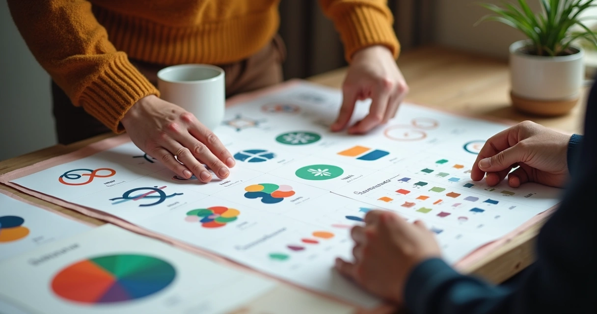 Designer e cliente revisando esquemas de identidade visual em uma mesa 