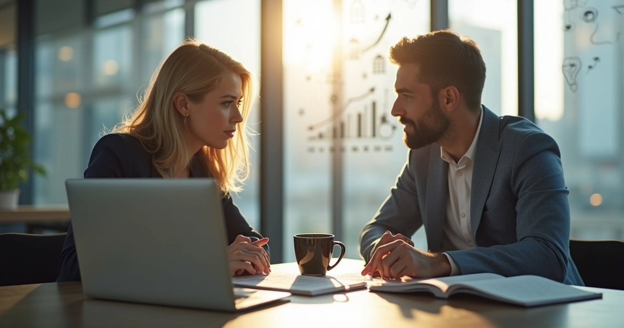 Sessão de coaching e mentoria com duas pessoas conversando em sala moderna 