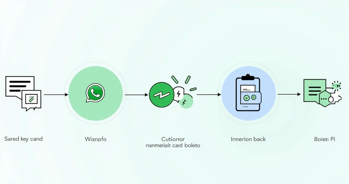 Esquema do processo de cobrança automatizado com setas e ícones de WhatsApp, Pix e boleto