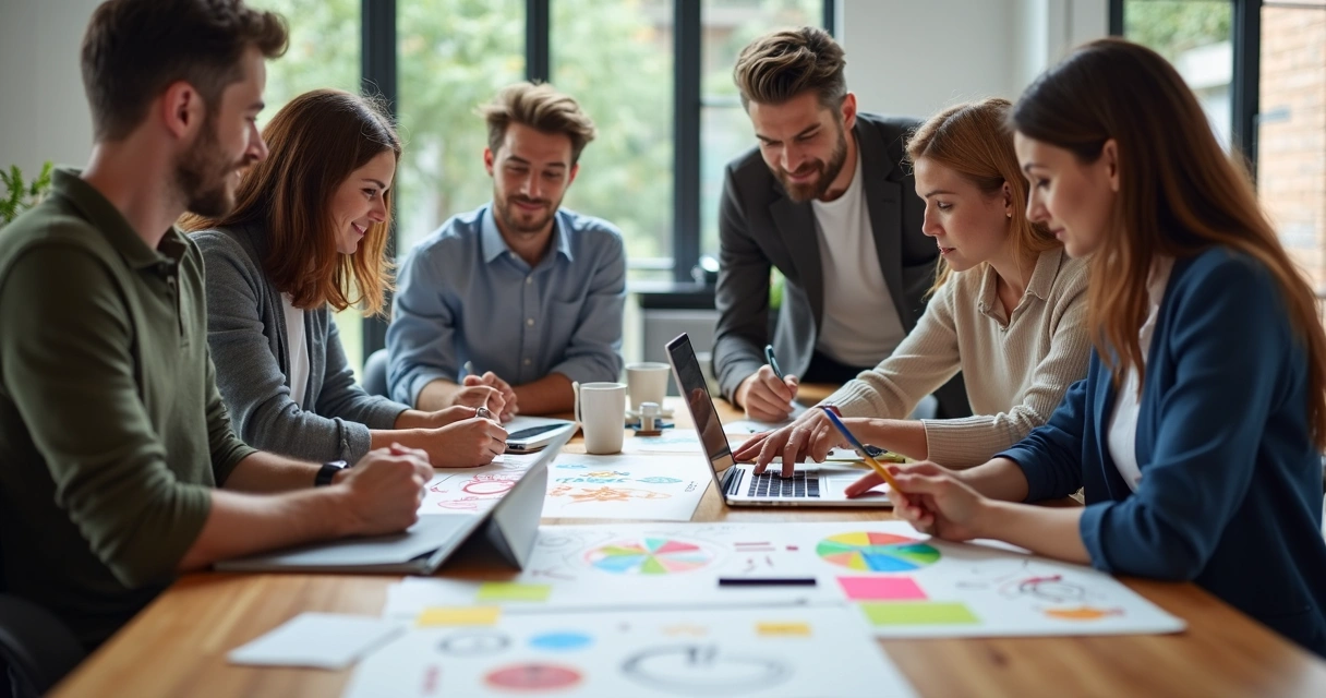 Equipe reunida em um processo de co-criação visual 
