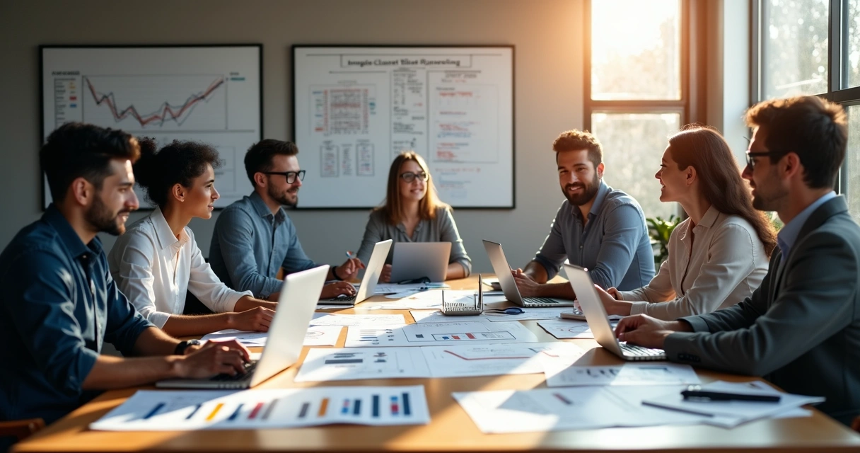 Equipe comercial reunida em escritório moderno discutindo processo comercial para agências digitais, com gráficos e laptops na mesa 