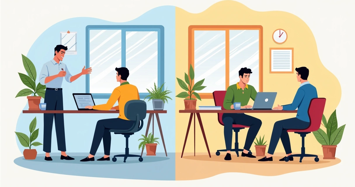 Ilustração corporativa mostrando duas equipes comerciais lado a lado, uma com processo pronto e outra com processo personalizado, gráficos e ícones de vendas ao fundo 