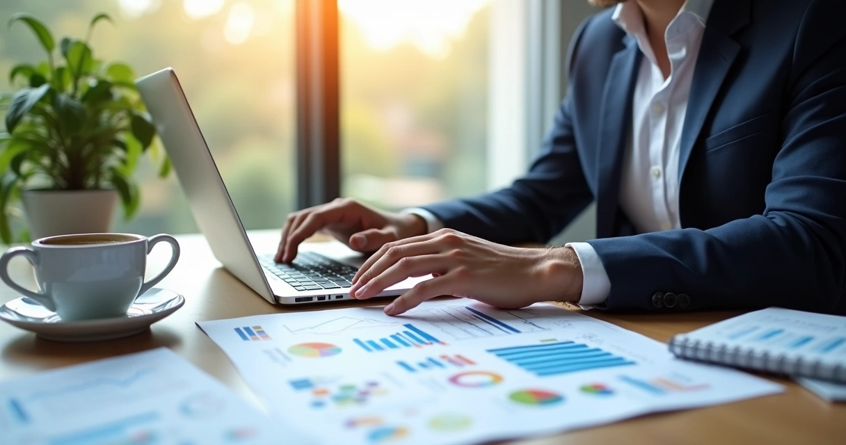 Profissional contador analisando gráficos de crescimento, notebook aberto com planilhas e anotações estratégicas sobre vendas 