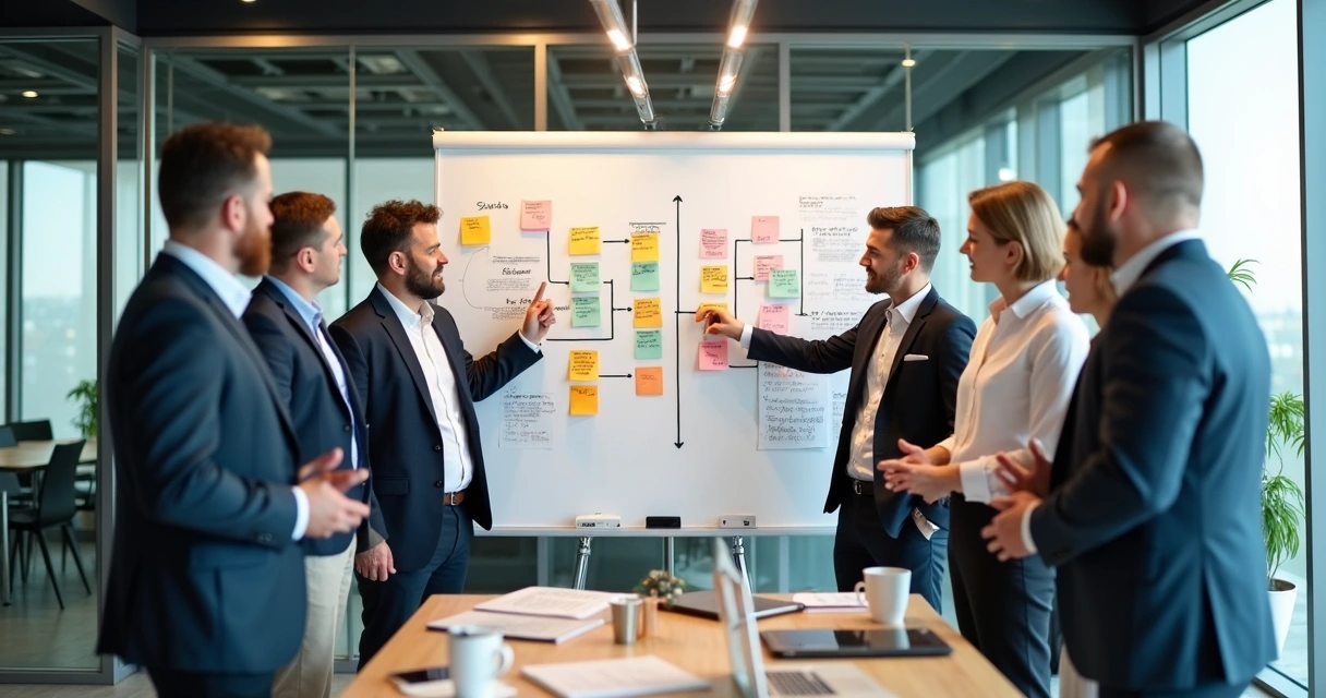 Equipe reunida analisando quadro de vendas com fluxos ilustrados 