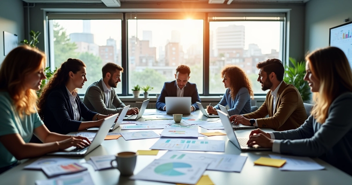 Equipe de vendas e marketing reunida com laptops e gráficos de desempenho na tela 