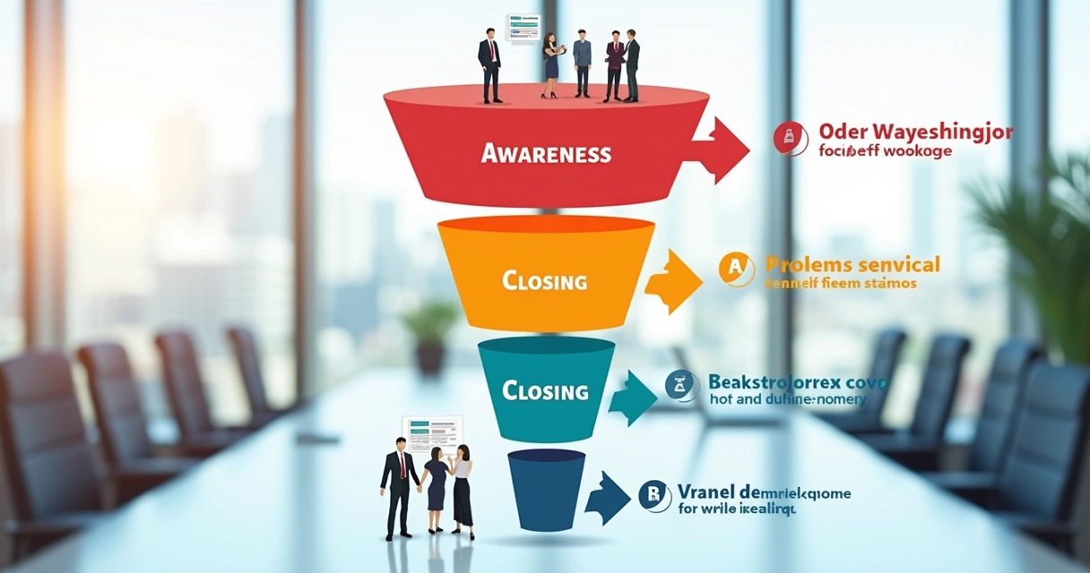 Fluxo visual de funil de vendas B2B com etapas e movimentação de leads 