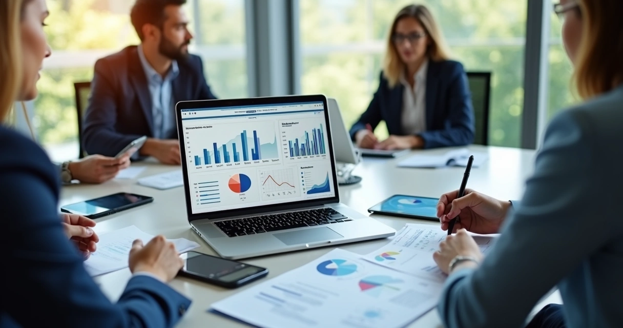 Mesa de reunião com profissionais analisando documentos e gráficos financeiros em laptop moderno 