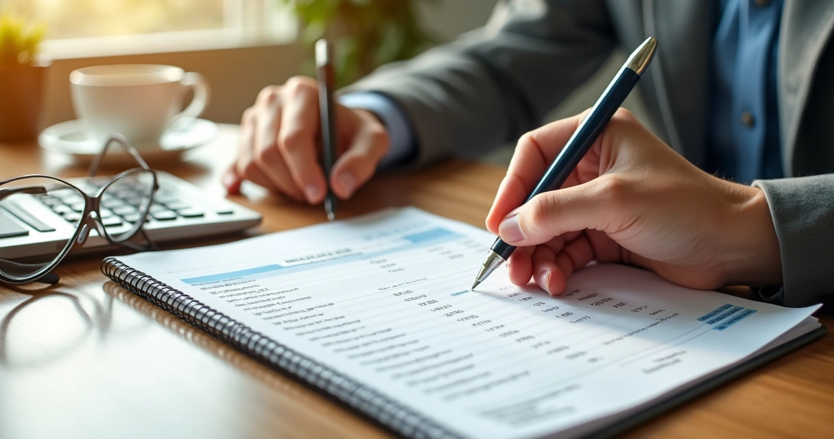 Caderno de registros financeiros ao lado de extrato bancário impresso sobre uma mesa 