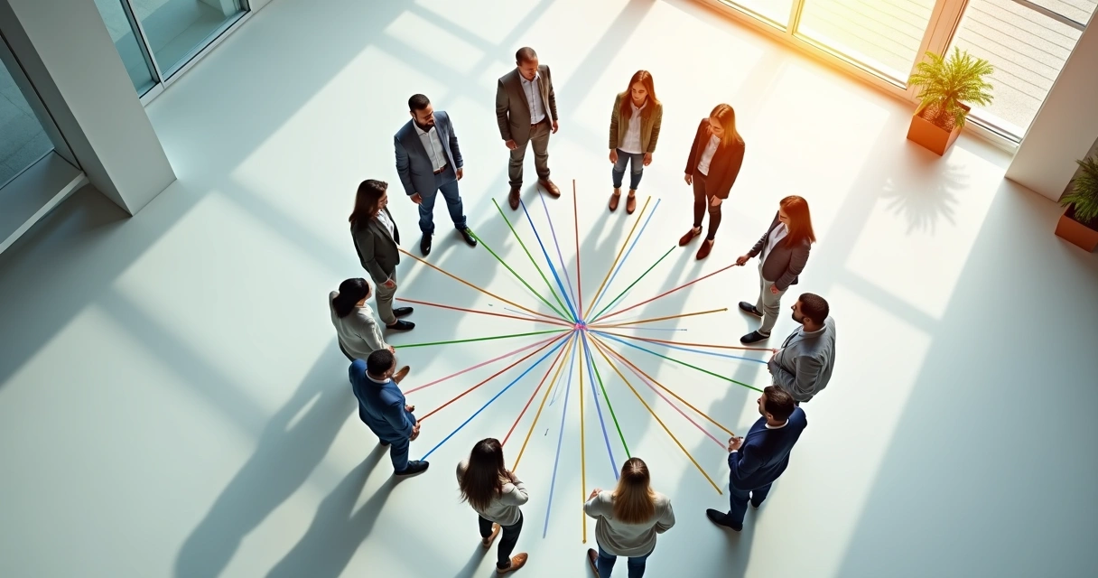 Representação visual de pessoas conectadas em círculo durante dinâmica de constelação sistêmica empresarial